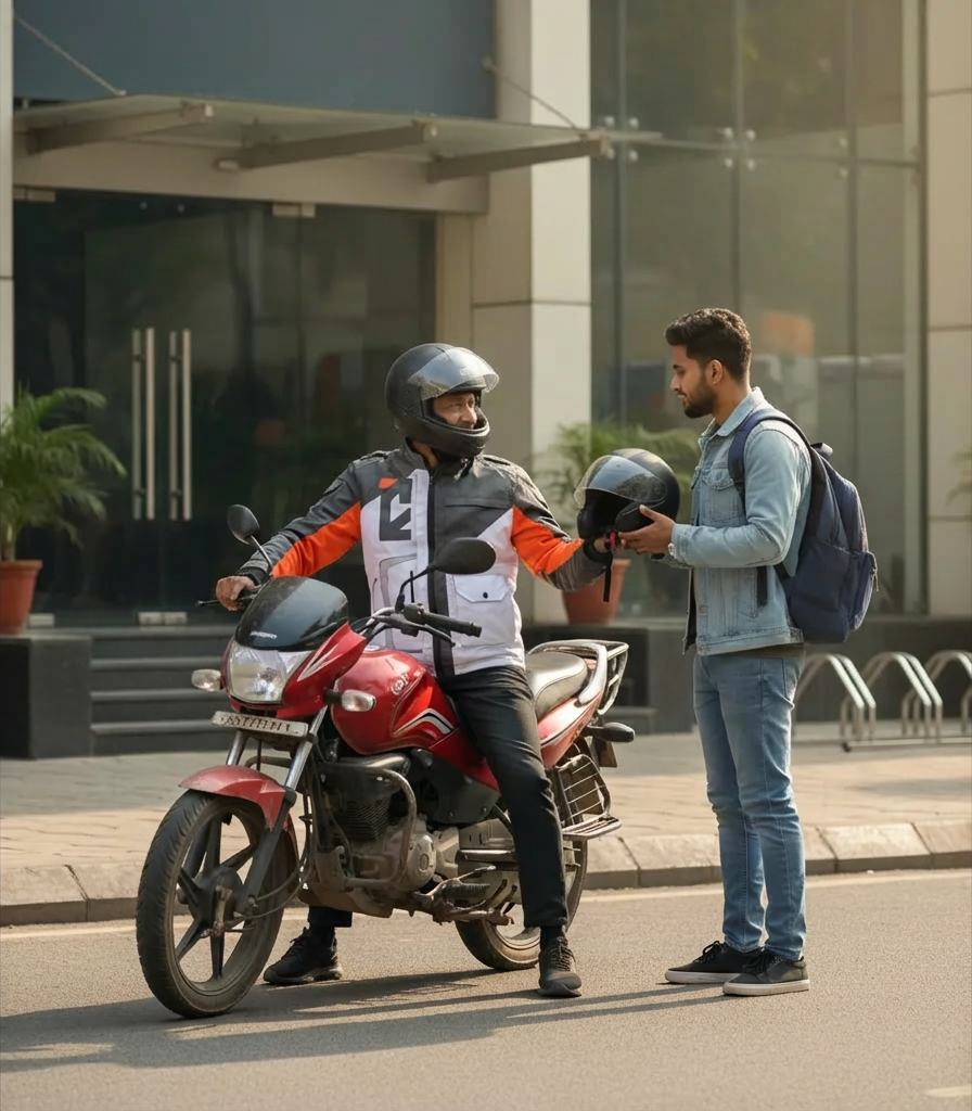 Dispatch rider handing a helmet to a passenger