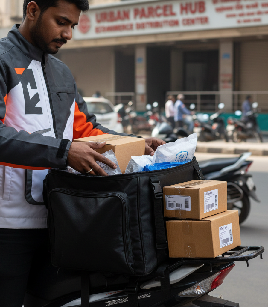 Dispatch partner loading parcels onto a motorcycle